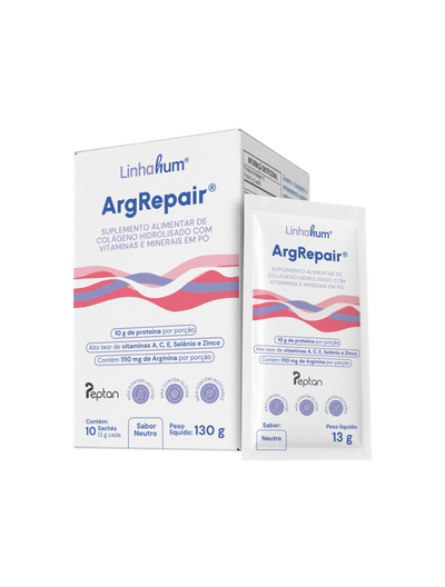 ArgRepair® | Suplemento para prevenção de feridas e fortalecimento da pele | Linhahum | 10 Sachês | Sabor Neutro