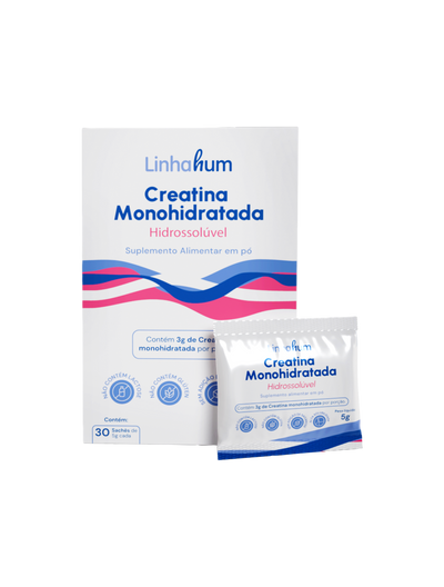 Creatina Monohidratada Hidrossolúvel | Creatina com Maltodextrina | Linhahum | Caixa com 30 sachês | Sabor Neutro