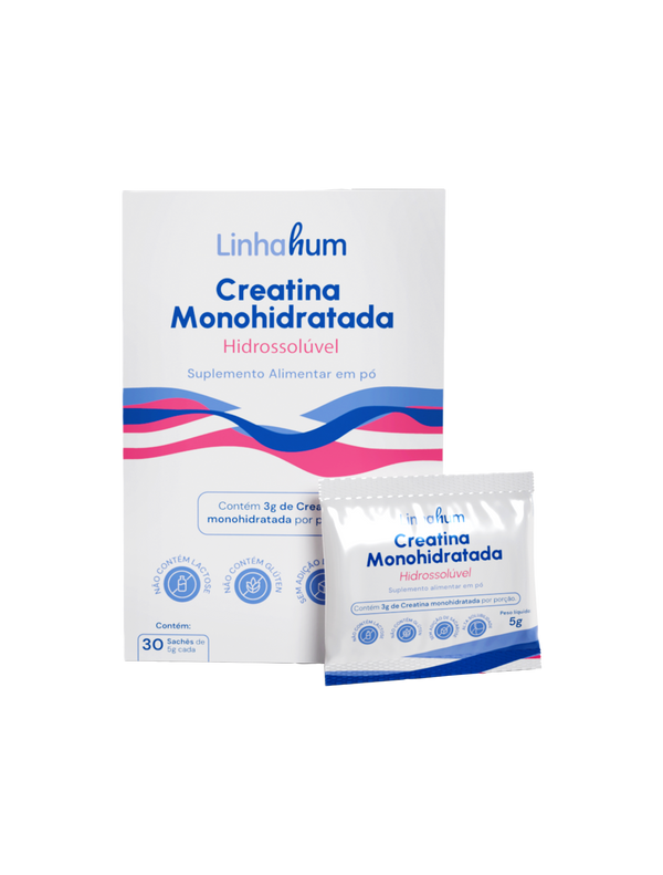 Creatina Monohidratada Hidrossolúvel | Creatina com Maltodextrina | Linhahum | Caixa com 30 sachês | Sabor Neutro